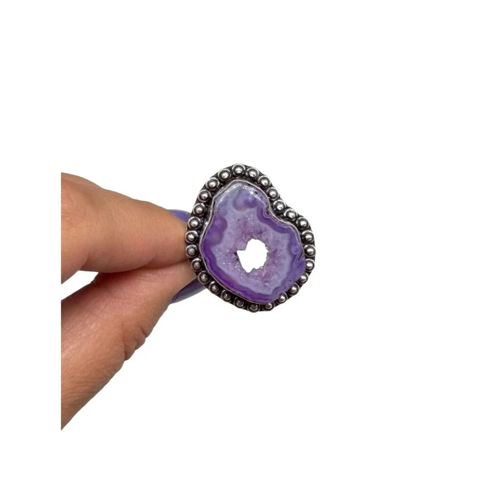 Purple Agate Ring Window Druzy Size 9 925 Sterling Silver Overlay